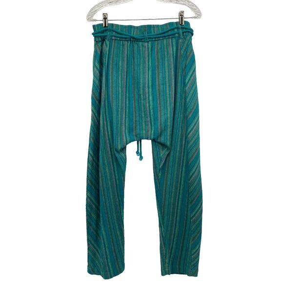 Free People Harem Pants XS Teal Woven Stripe Drop Crotch Boho Festival - Picture 2 of 10